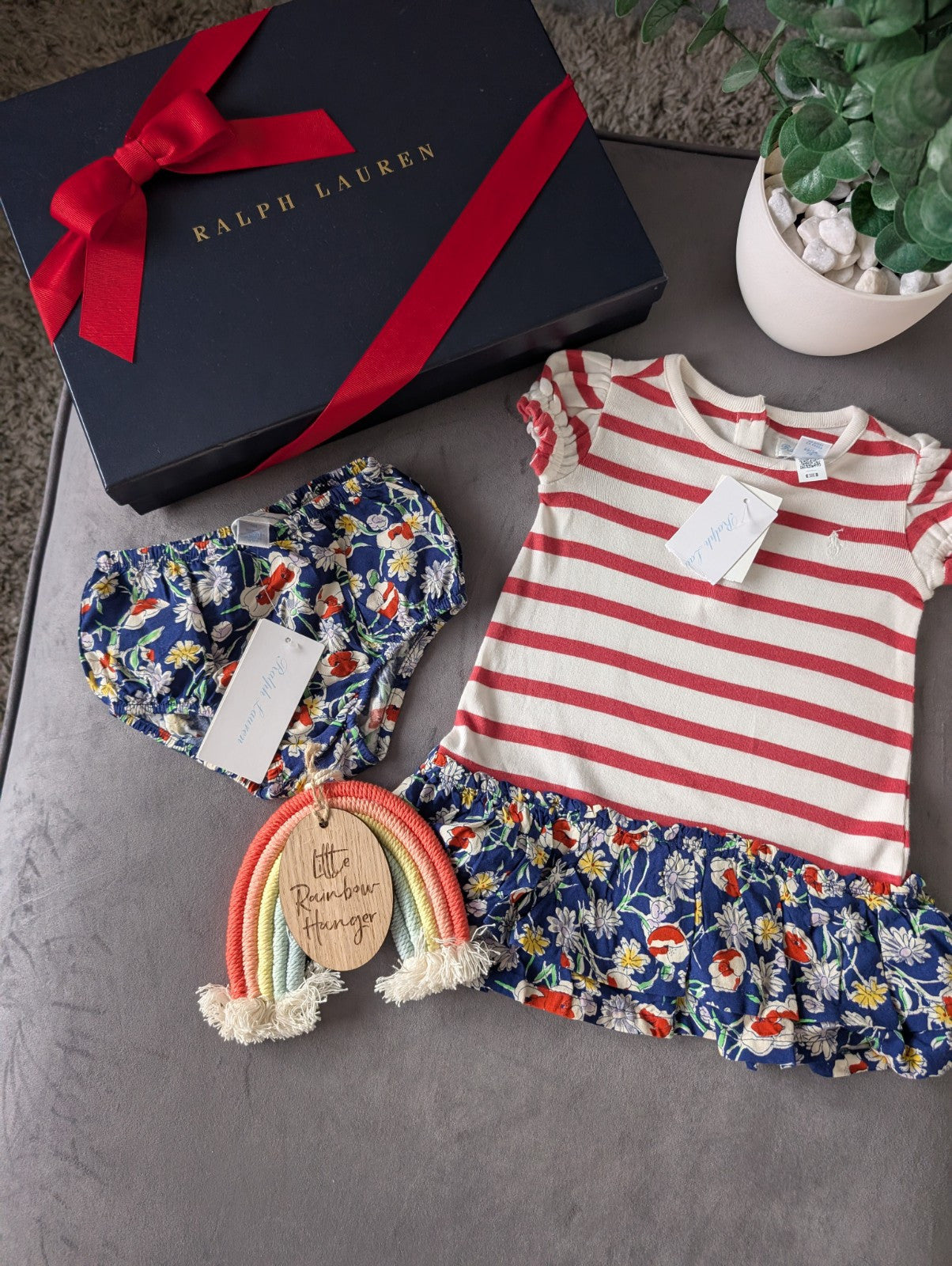 New Ralph Lauren Stripe Floral Baby Girls Frill  Polo Dress 3-6 Months Gift 2pc