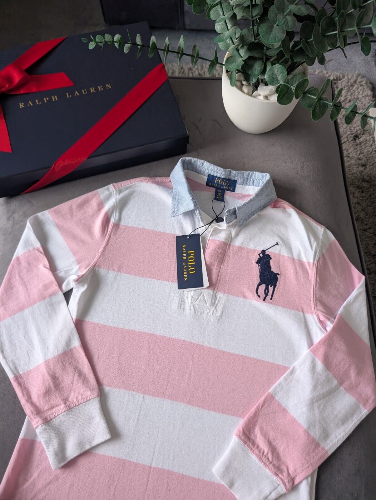 New Ralph Lauren Boys Iconic Pink White Stripe Long Sl Polo Shirt Smart Gift 8y