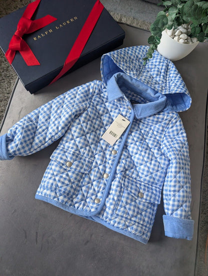 New Ralph Lauren Boys Gingham Coat Navy Blue Quilted Barn Jacket Age 4 RRP £159