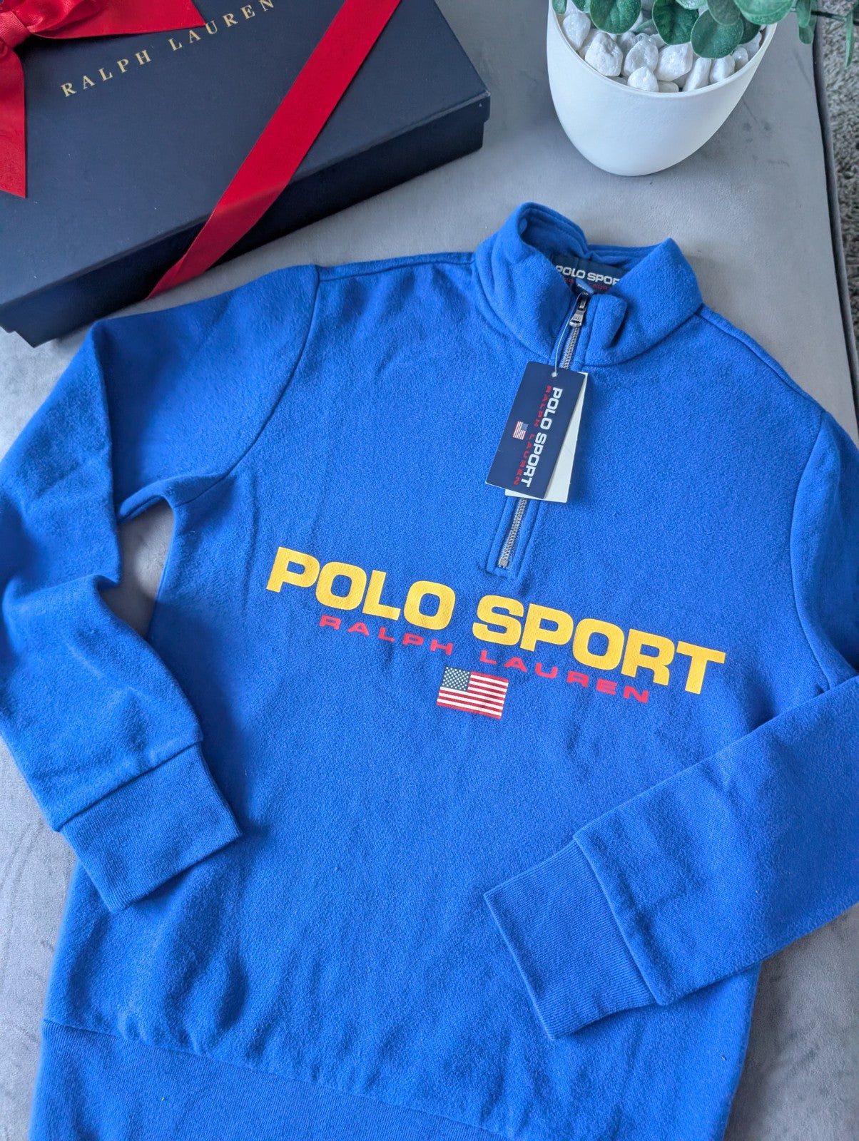 New Ralph Lauren Boys Tracksuit Top Blue 1/4 Zip Polo Sport 10-12y Gift Blue