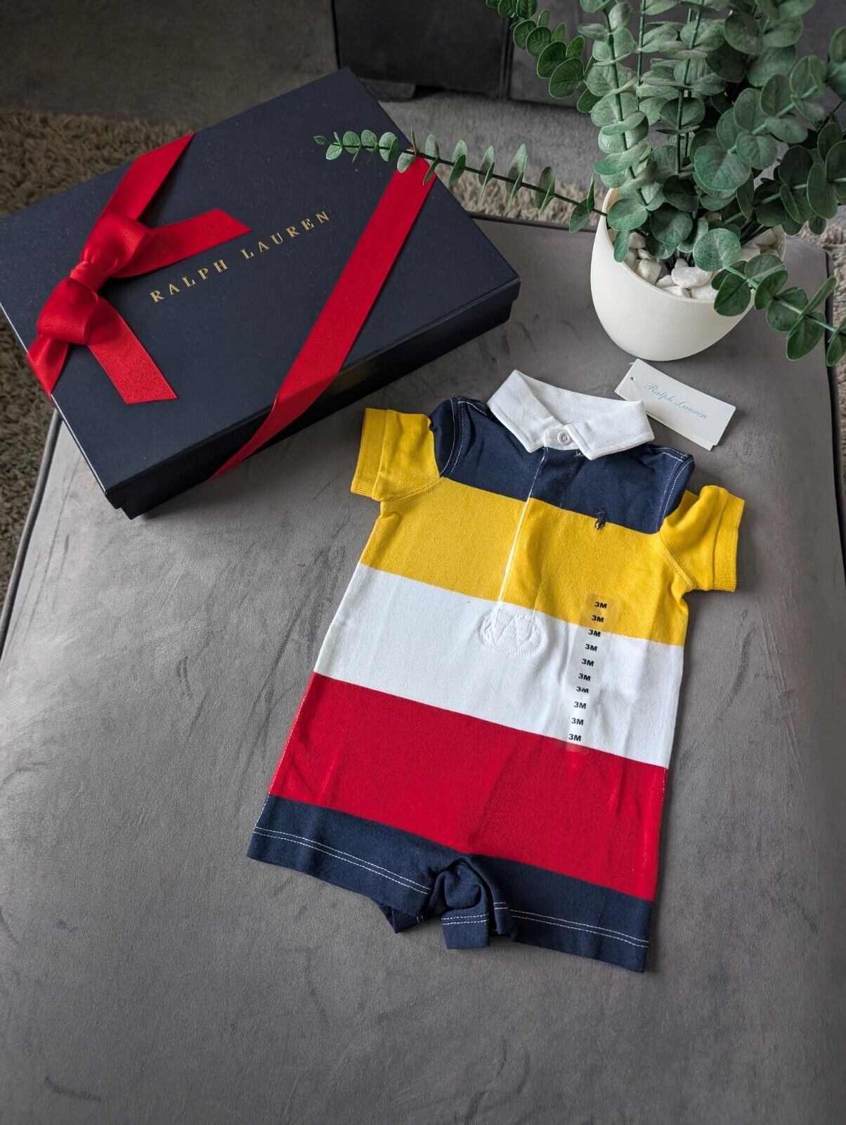 New Ralph Lauren Baby Boy Navy Yellow Stripe Romper 0-3m Gift Cute Baby Summer