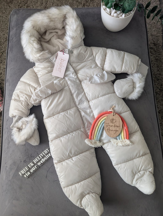 Ted Baker Silver Padded Ruffle Trim Snowsuit & Mittens Set Age 3-6mths BNWT £54