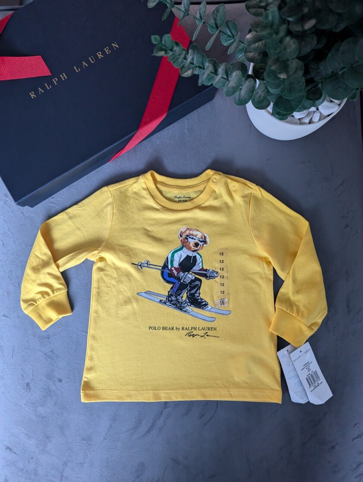 New Polo Ralph Lauren Unique Ski Yellow Polo Bear Long Sleeve T-Shirt 12-18m