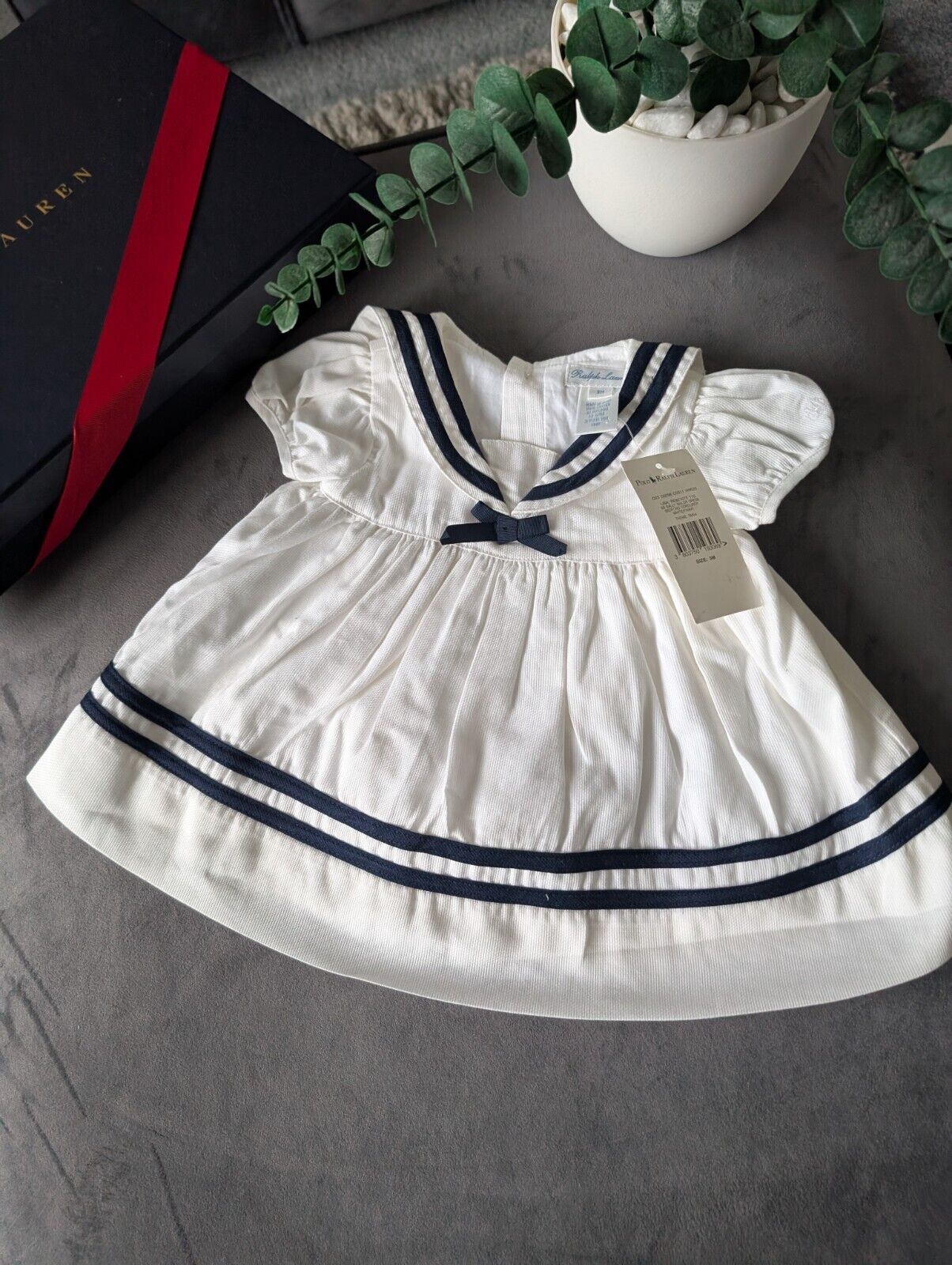 New stunning Ralph Lauren baby girls sally sailor dress white navy bow 0-3m