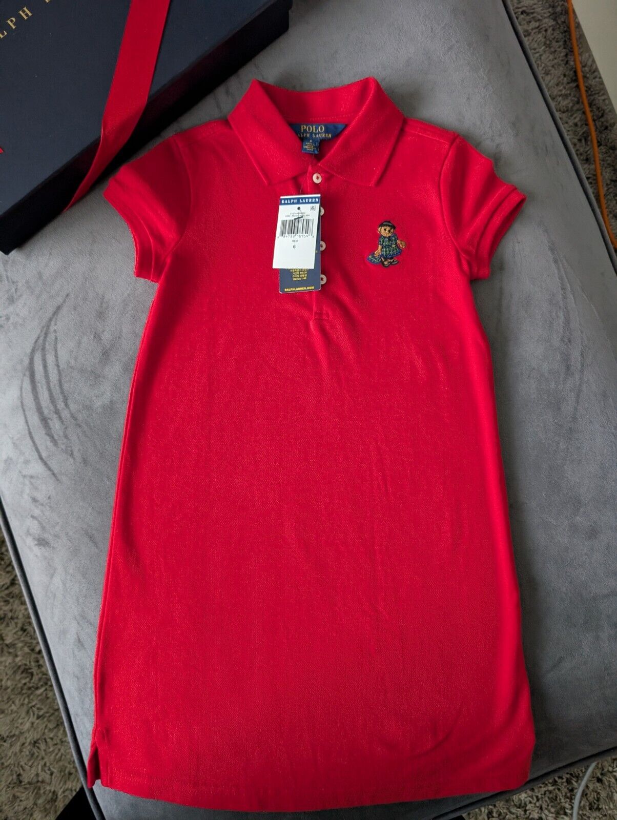 New Ralph Lauren Girls Red Polo Dress Teddy Bear Design Embroider 6y Gift Smart