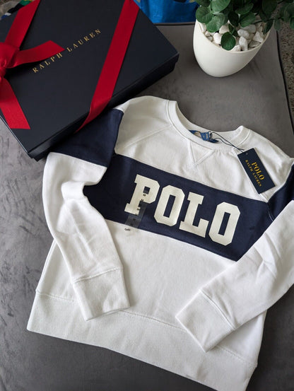 New Ralph Lauren Girls 8-10yrs Ivory  Fleece Pullover Jumper Navy White £89