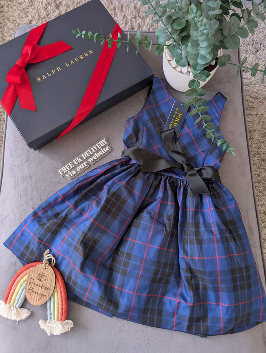 New Ralph Lauren Girls Tartan Plaid Pretty Blue Vincenza Dress Gift 5y Rrp £125