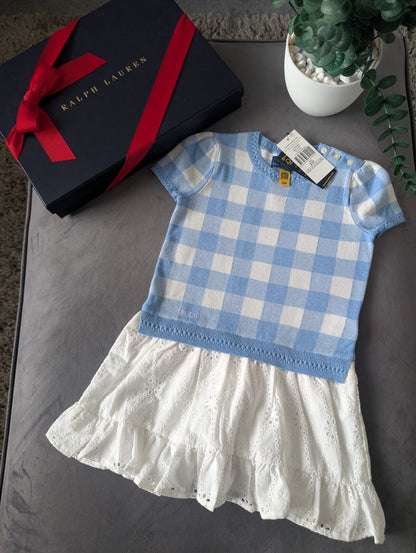 New Ralph Lauren Gorgeous Girls Tartan Jumper Dress Blue Embroidery Anglaise 3y