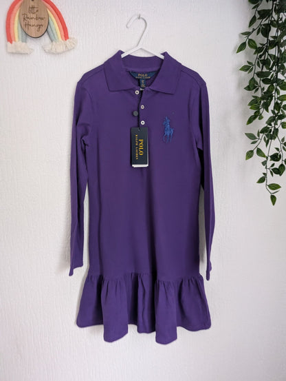 New Ralph Lauren girls Dark Purple Polo dress long sleeve frill age 7 Smart Gift