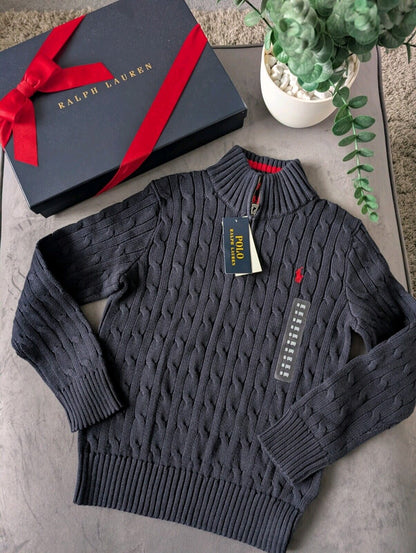 New 2024 Season Ralph Lauren boys smart Navy 1/4 zip cable knit jumper 8yr Gift