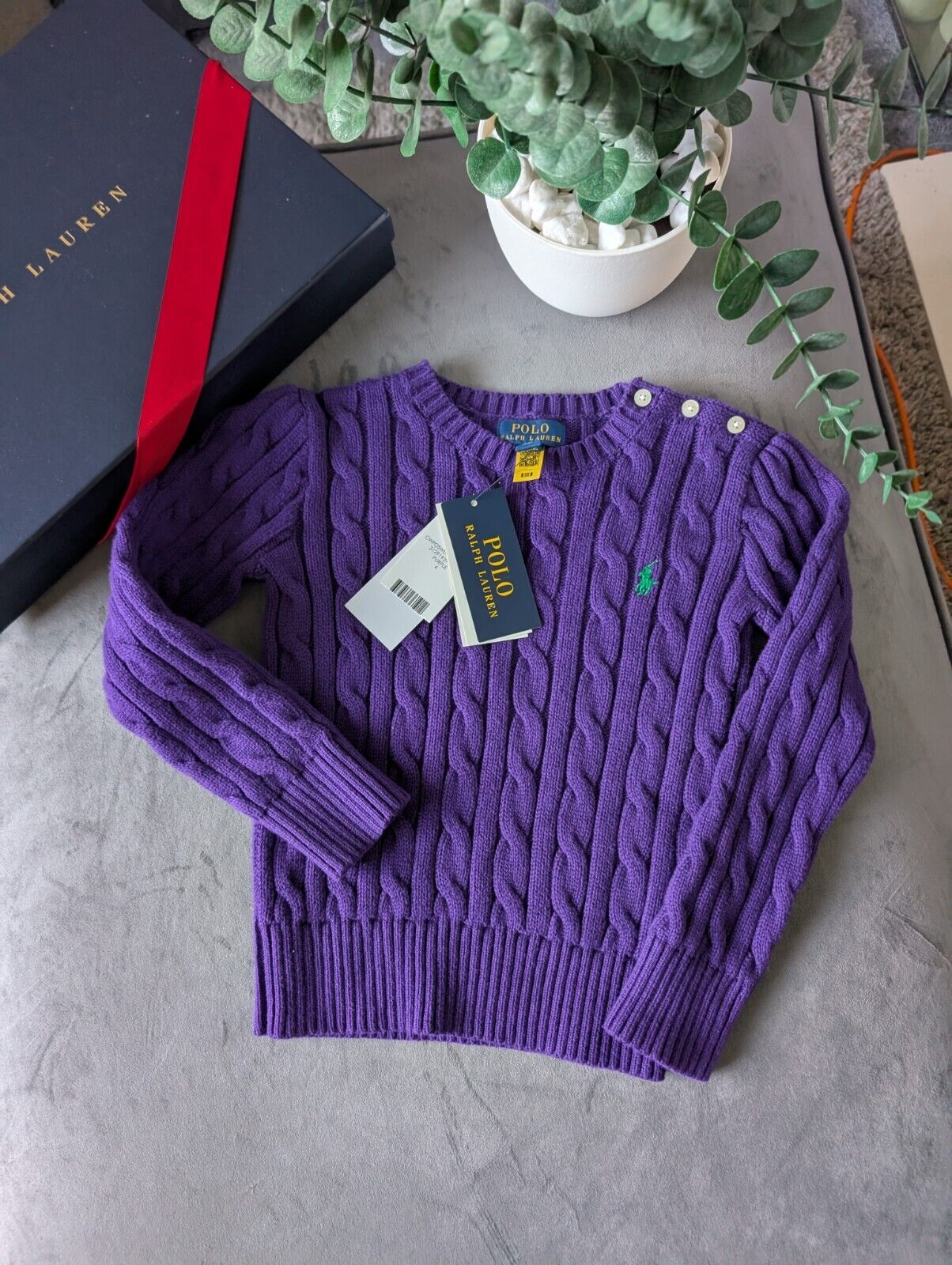 New Polo by Ralph Lauren Cable Knit Jumper Purple Boys 4 Years Gift Winter