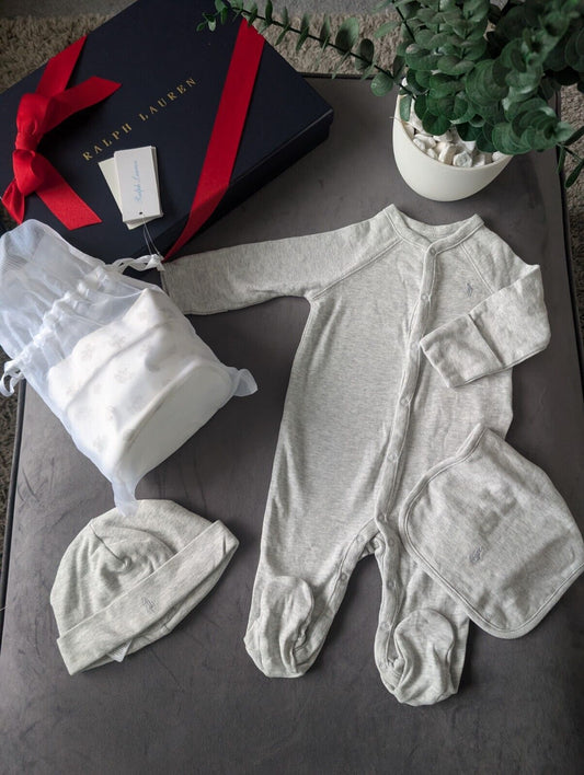 New Ralph Lauren Baby Grey Gift Set Basket Bear Romper Hat + Bib 0-3m Unisex 3pc