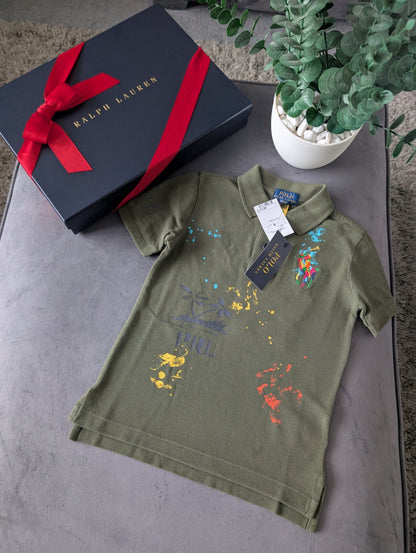 New Ralph Lauren Boys Khaki Multi Gorgeous Ltd Edition Peace Love Polo 4yr Gift