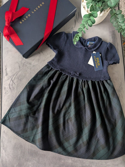 New Ralph Lauren Tartan Plaid Pretty Green Navy Knit Bow Dress Gift 4y Rrp £125