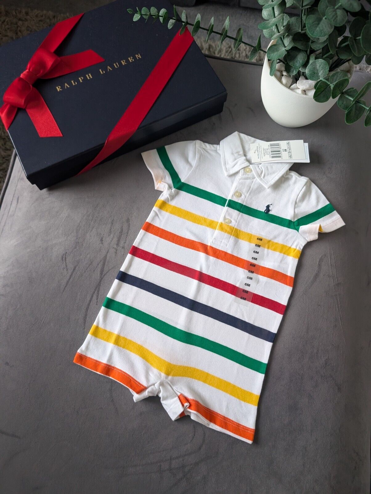 New Ralph Lauren Baby Boy Multi White Stripe Romper 6m Gift Cute Baby Summer