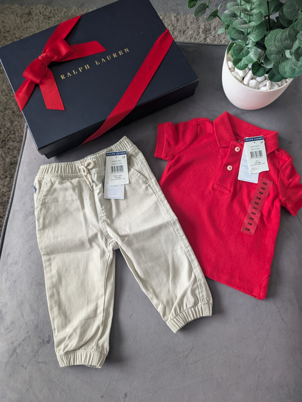 New adorable Ralph Lauren boys Polo Shirt Red  + Chino Trousers Age 6-9m Gift