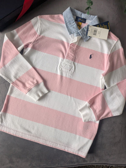 New Ralph Lauren Boys Iconic Pink White Stripe Long Sl Polo Shirt Smart Gift 6y