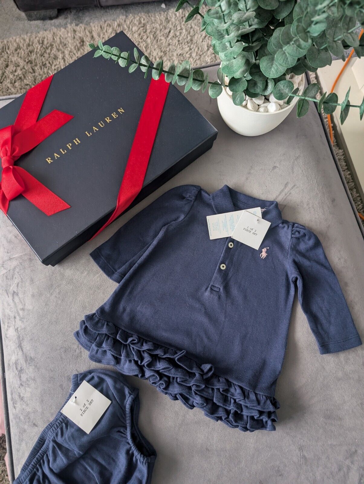 New Ralph Lauren navy long sleeve cupcake polo frill dress + bloomers 0-3m gift