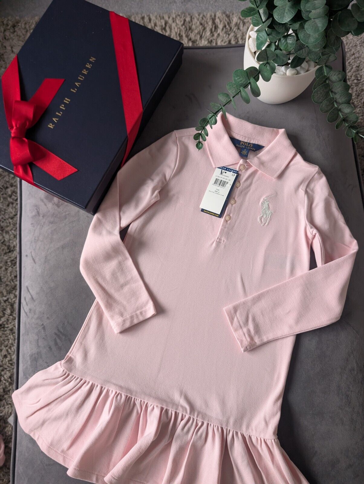 New Ralph Lauren girls Baby Pink Polo dress long sleeve frill age 6  gift