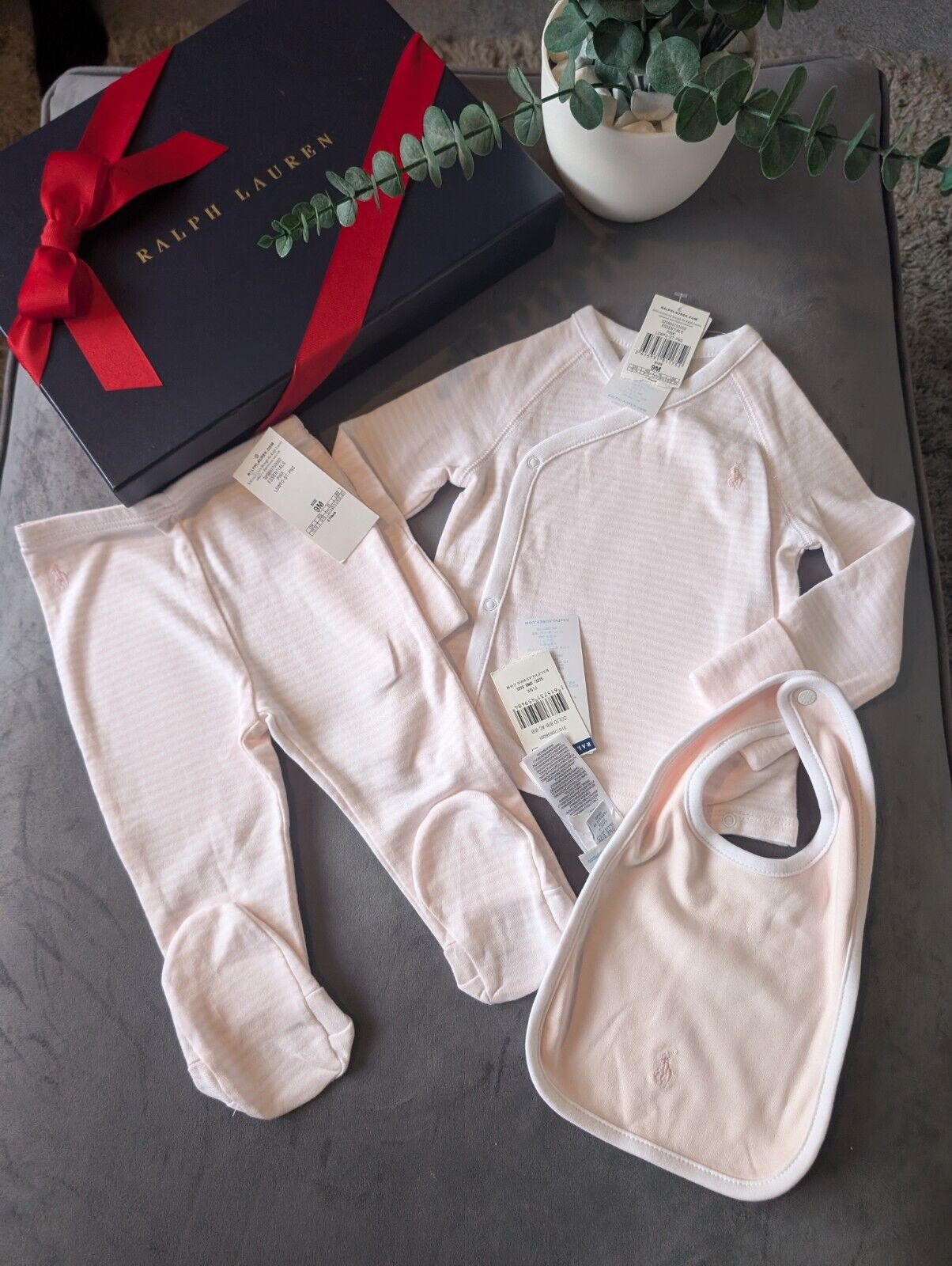 New Ralph Lauren Baby Girl 3 Piece Set Pants Top + Bib Pink Stripe Gift 6-9m