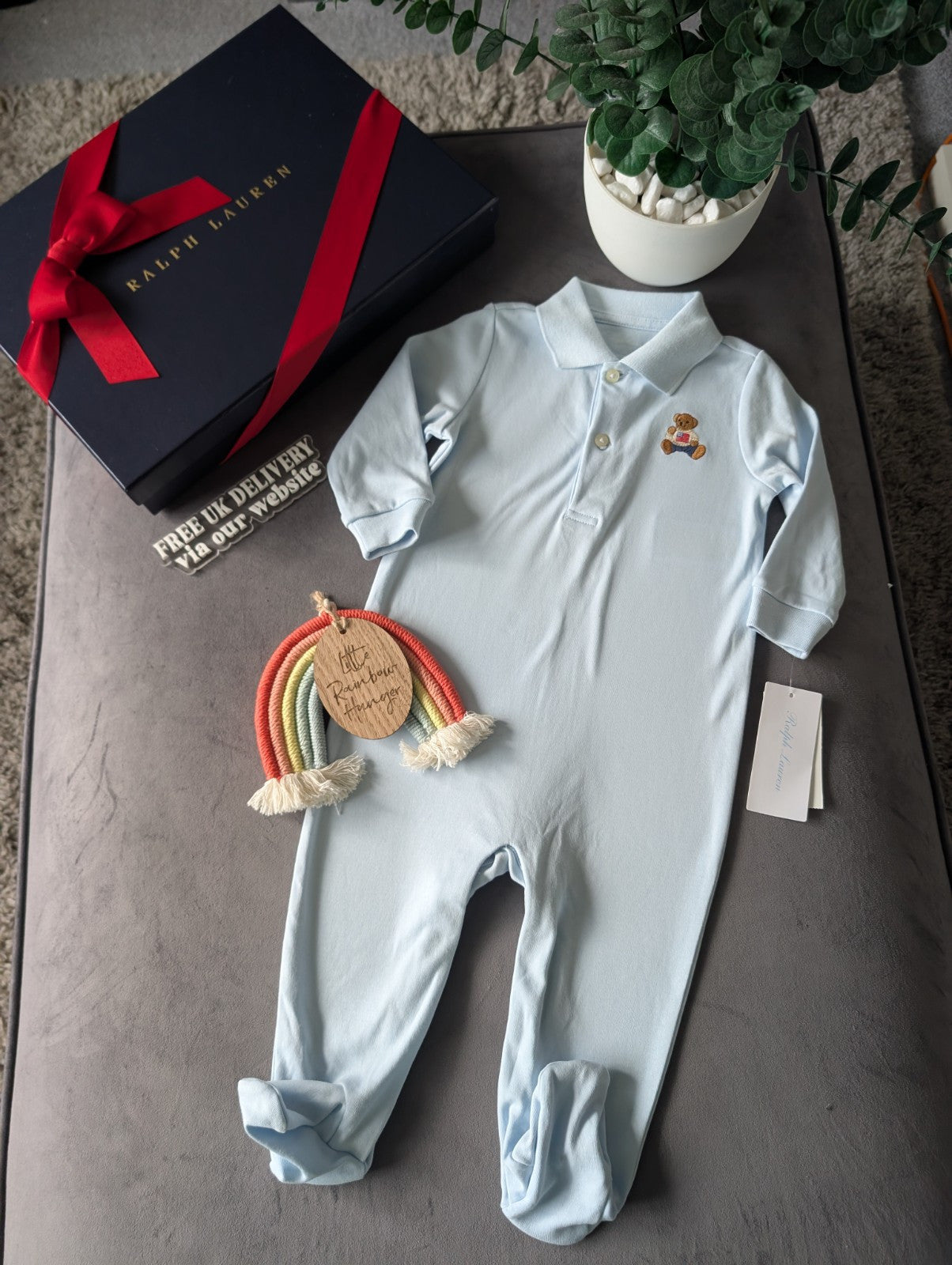 New Ralph Lauren Baby Boys Bear Embroidered All In One Sleep suit Gift 9m £60rrp