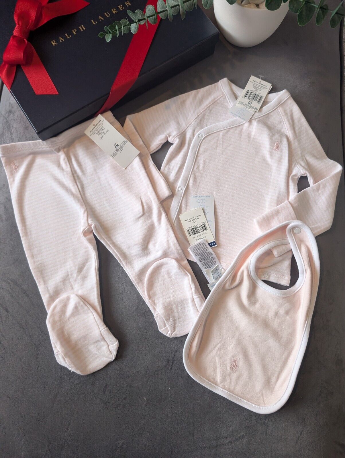 New Ralph Lauren Baby Girl 3 Piece Set Pants Top + Bib Pink Stripe Gift 6-9m