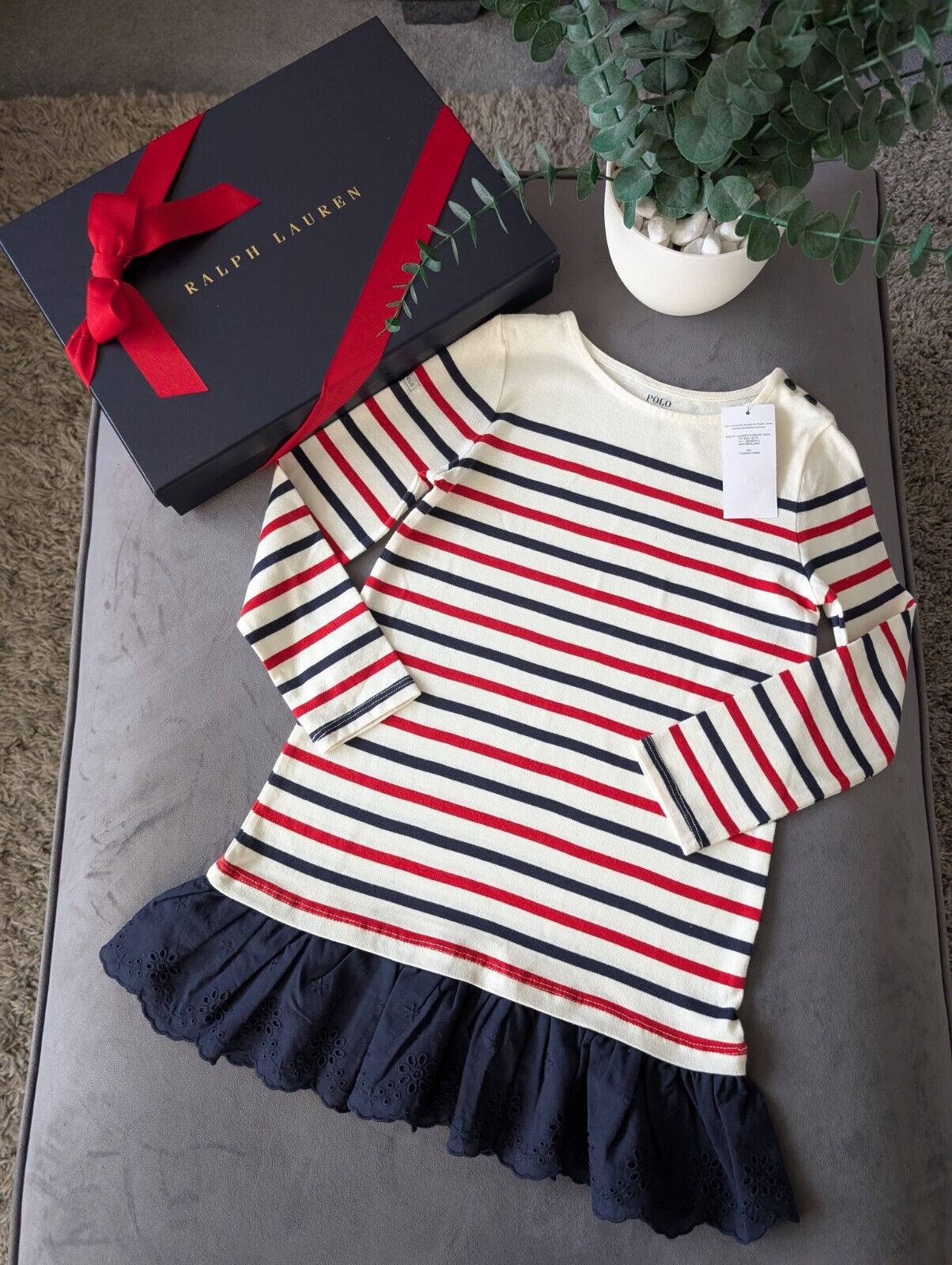 New Ralph Lauren Girls Stripe Navy Red Ivory Dress Embroidered Age 6 Thin Jumper