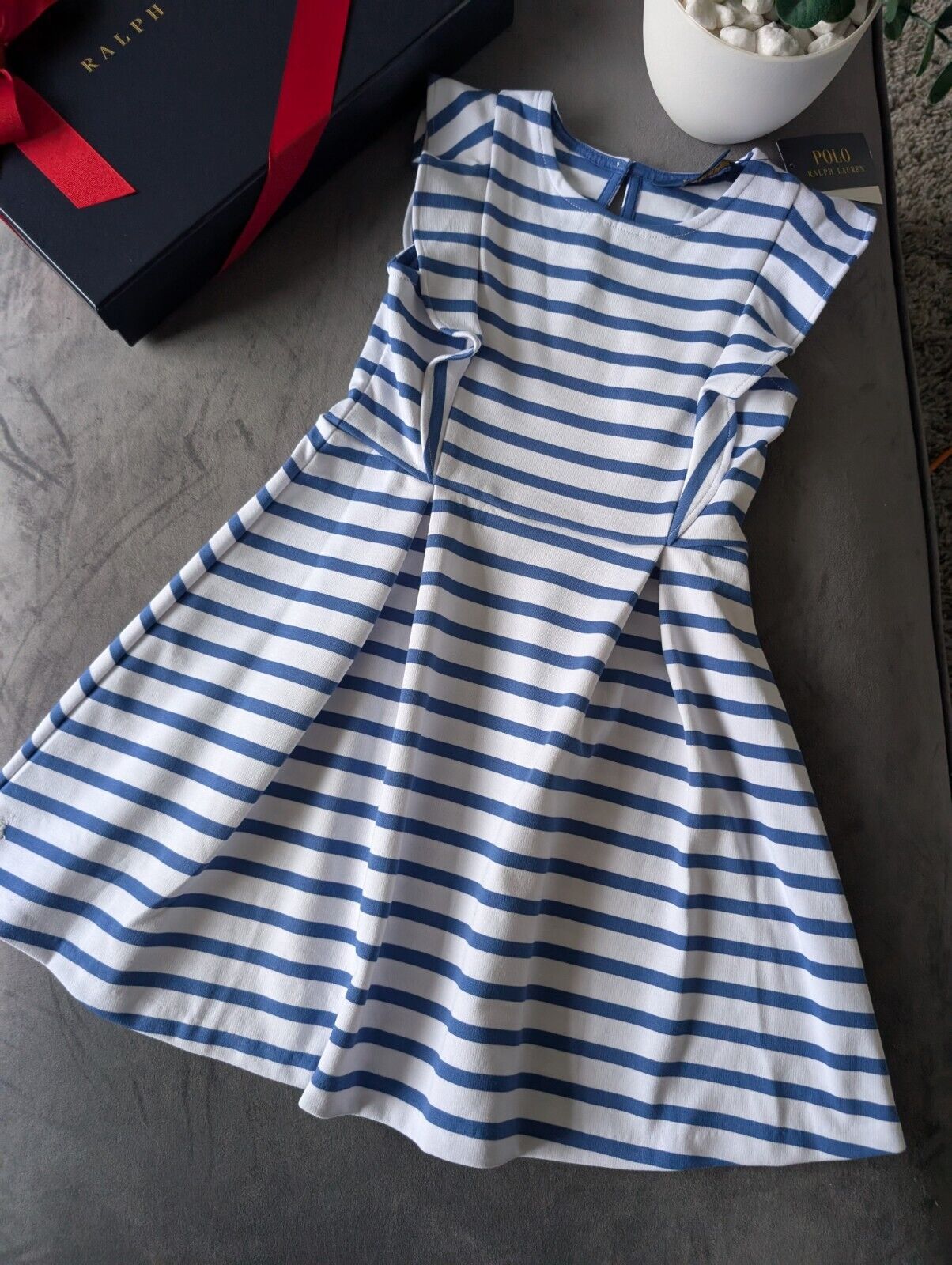 New Ralph Lauren Girls White Navy Stripe Polo Frill Stripe Ribbed Dress Gift 6yr