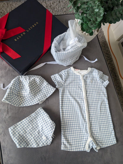 New Ralph Lauren Baby Boy Gift Set Basket Gingham Romper Hat + Bib 1-3m Newborn