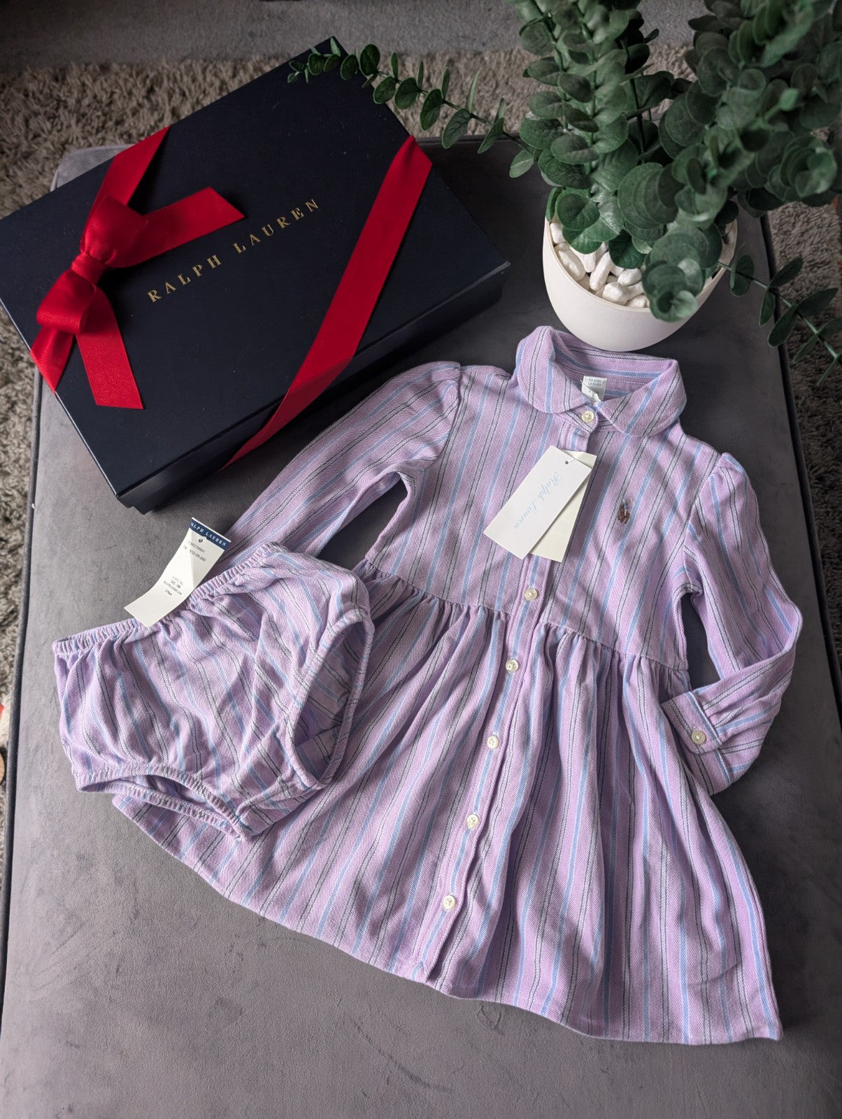 New Ralph Lauren Baby Girl Oxford Mesh Dress & Bloomer Lilac White 12-18m Gift