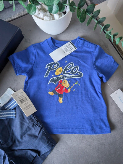 New adorable Ralph Lauren boys Bear Bee t Shirt + navy blue short set 6-9m gift