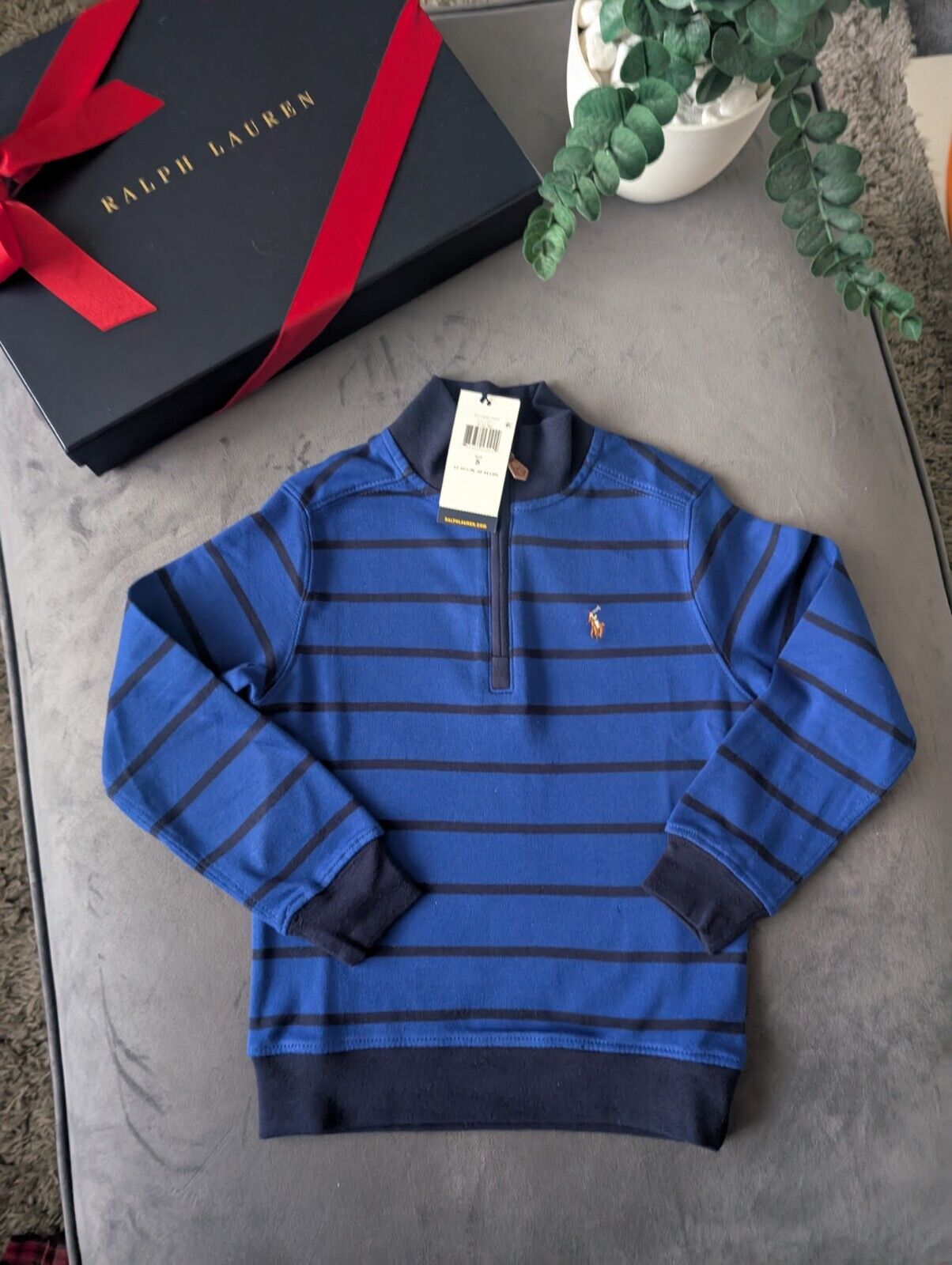 New Ralph Lauren Boys Navy  3/4 Zip Knit Blue Stripe Top Top Jumper Age 5y