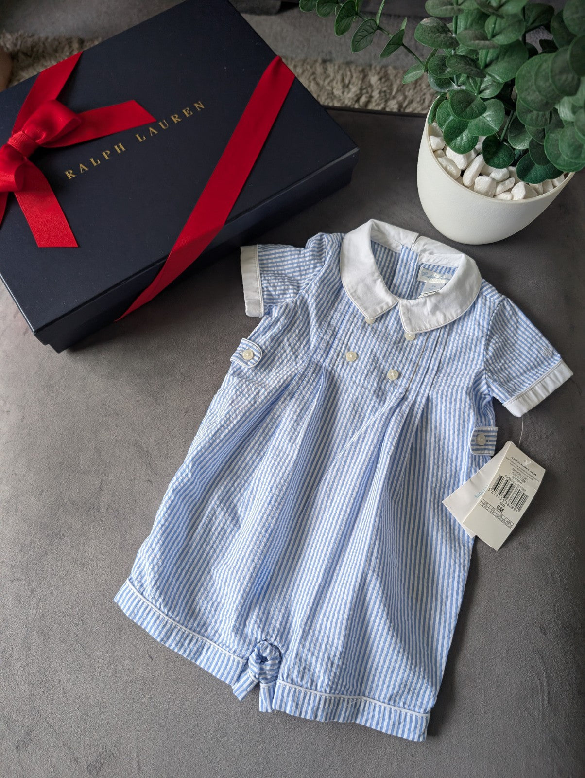 New Ralph Lauren Baby Boy Checked Blue Romper 3-6m Gift Cute Summer Luxury