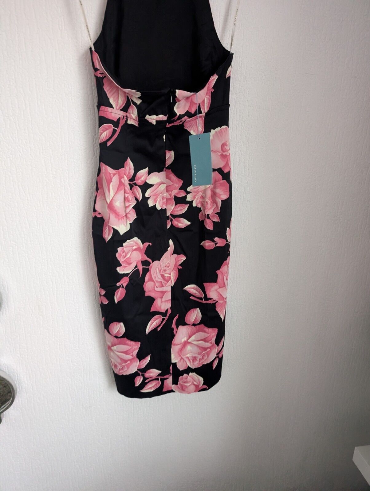 New Karen Millen Rose Print Halterneck Dress In Black/ Pink Size UK 12 Occasion