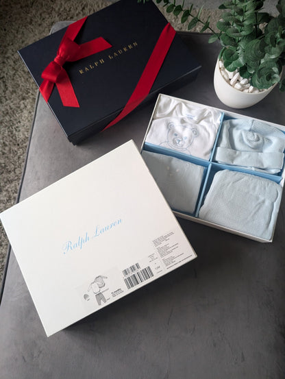 New Baby Boy Ralph Lauren 4 Pcs Gift Set Bear  9-12 Baby Blue Gift £109 Gorgeous