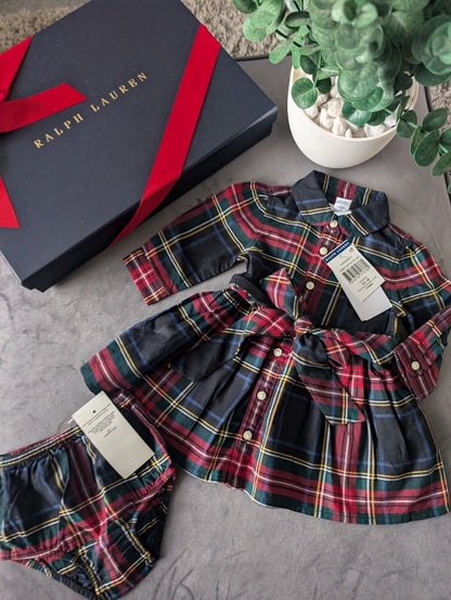 New Stunning Ralph Lauren Girls Tartan Plaid Flannel L Sleeve Dress 0-3m occasion