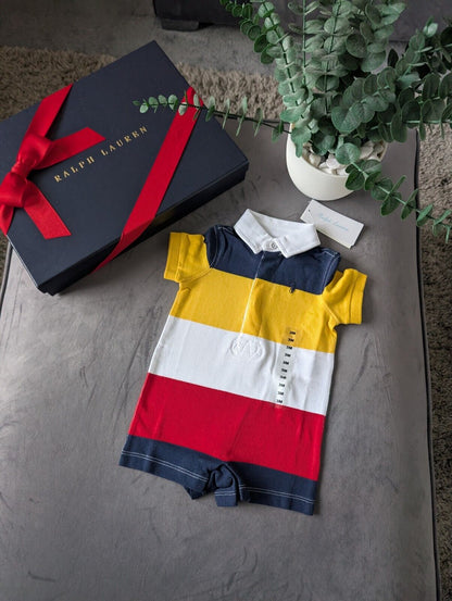 New Ralph Lauren Baby Boy Navy Yellow Stripe Romper 0-3m Gift Cute Baby Summer