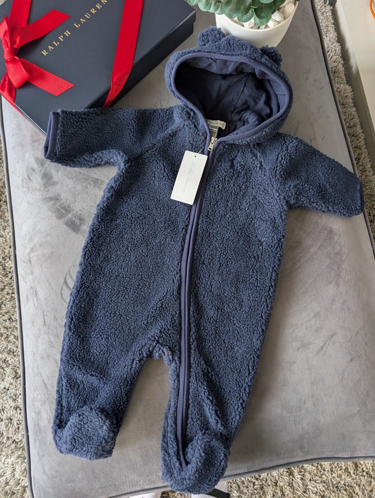 New Ralph Lauren baby boys faux shearling bear all in one snowsuit baby gift 3-6