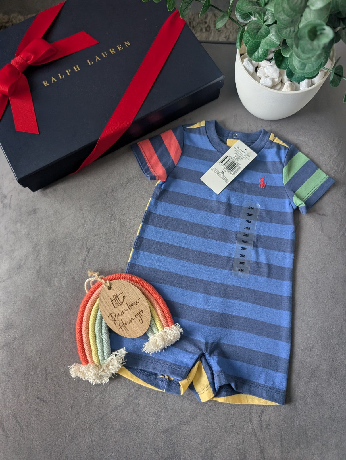 New Ralph Lauren Baby Boy Blue Multi  Smart Romper 0-3m Cute Summer Shortall