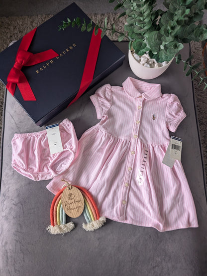 New Ralph Lauren Baby Girl Oxford Mesh Dress & Bloomer Carmel Pink 6-9m Gift