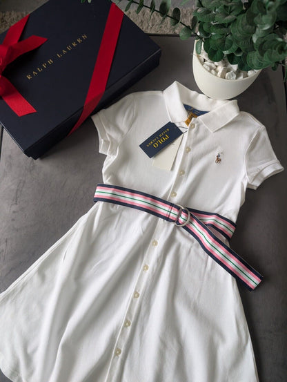 New Girls Polo Ralph Lauren White Polo Dress White Tennis Belted age 6-7yrs Gift