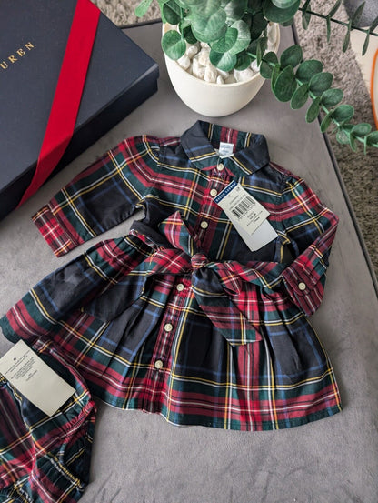 New Stunning Ralph Lauren Girls Tartan Plaid Flannel L Sleeve Dress 0-3m occasion