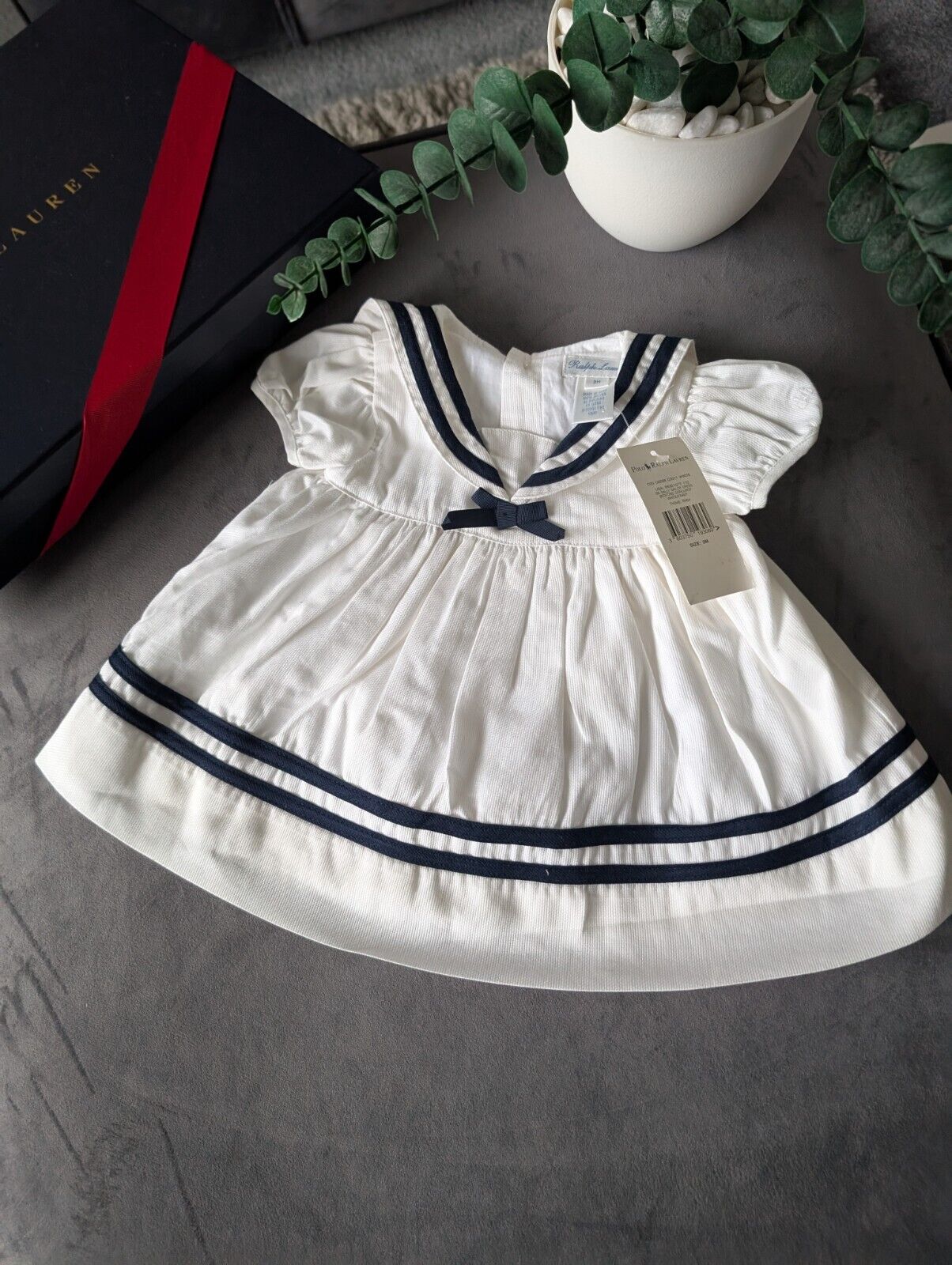 New stunning Ralph Lauren baby girls sally sailor dress white navy bow 0-3m