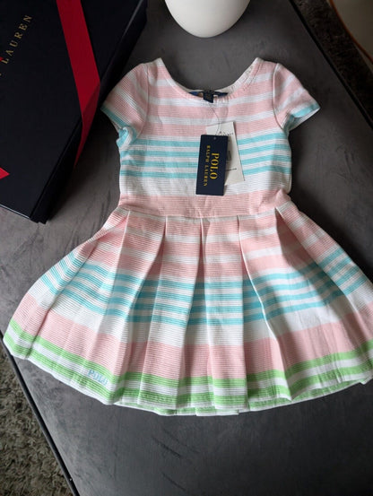 New Stunning Girls Ralph Lauren pastel Ribbed Stripe Dress Occasion Age 3 Gift