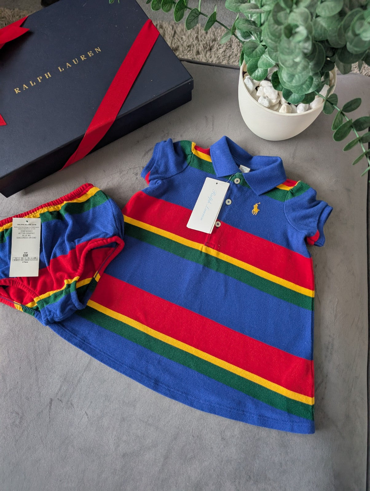 New Ralph Lauren Girls Blue Stripe Dress + Bloomers Summer 3-6m Multi Rainbow