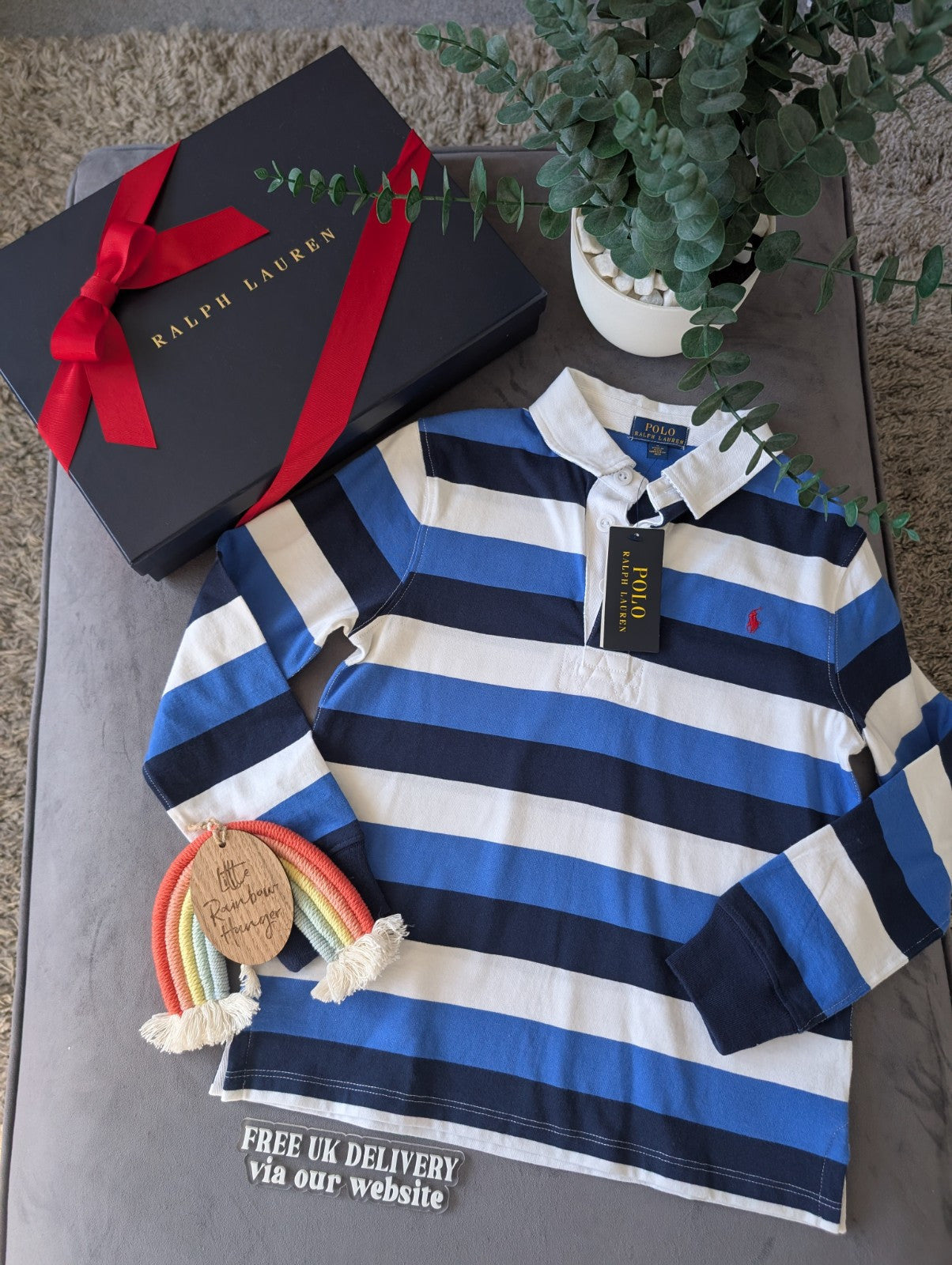 New Ralph Lauren Boys Rugby Style Stripe Long Sleeve Polo Blue White   7 y Boys