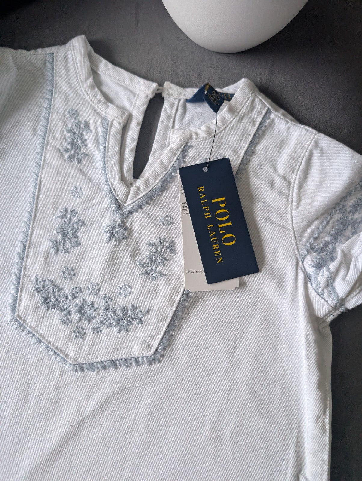 New Ralph Lauren Baby Girls Denim Kaftan Dress White Embroidery Occasion 3-4y