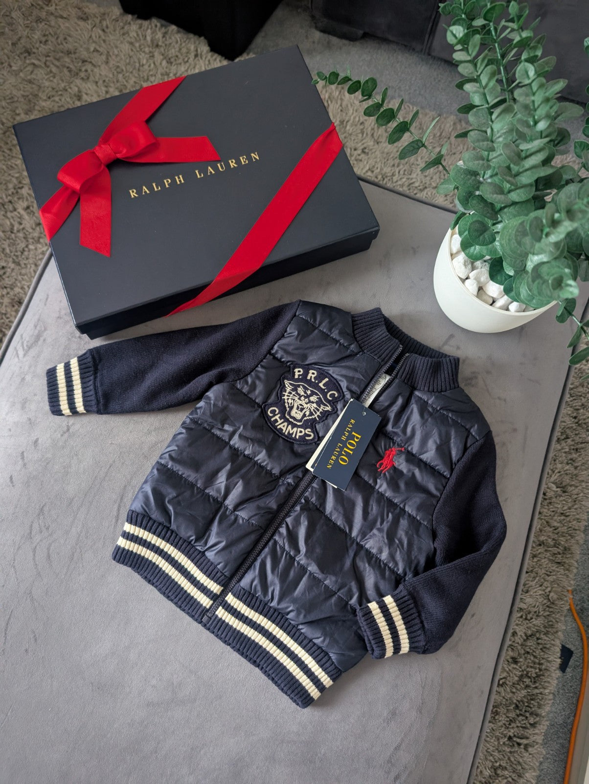 New Ralph Lauren Baby Boys Reversible Jacket Hoodie 18-24m Navy Tiger Knit Gift