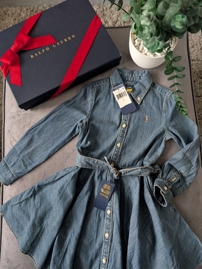 New Ralph Lauren girls denim style shirt dress belted occasion 5 Yrs Winter