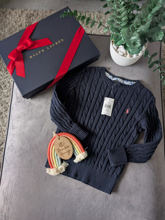 New Polo by Ralph Lauren Cable Knit Jumper Navy Girls 6-7 Years Smart Warm Gift